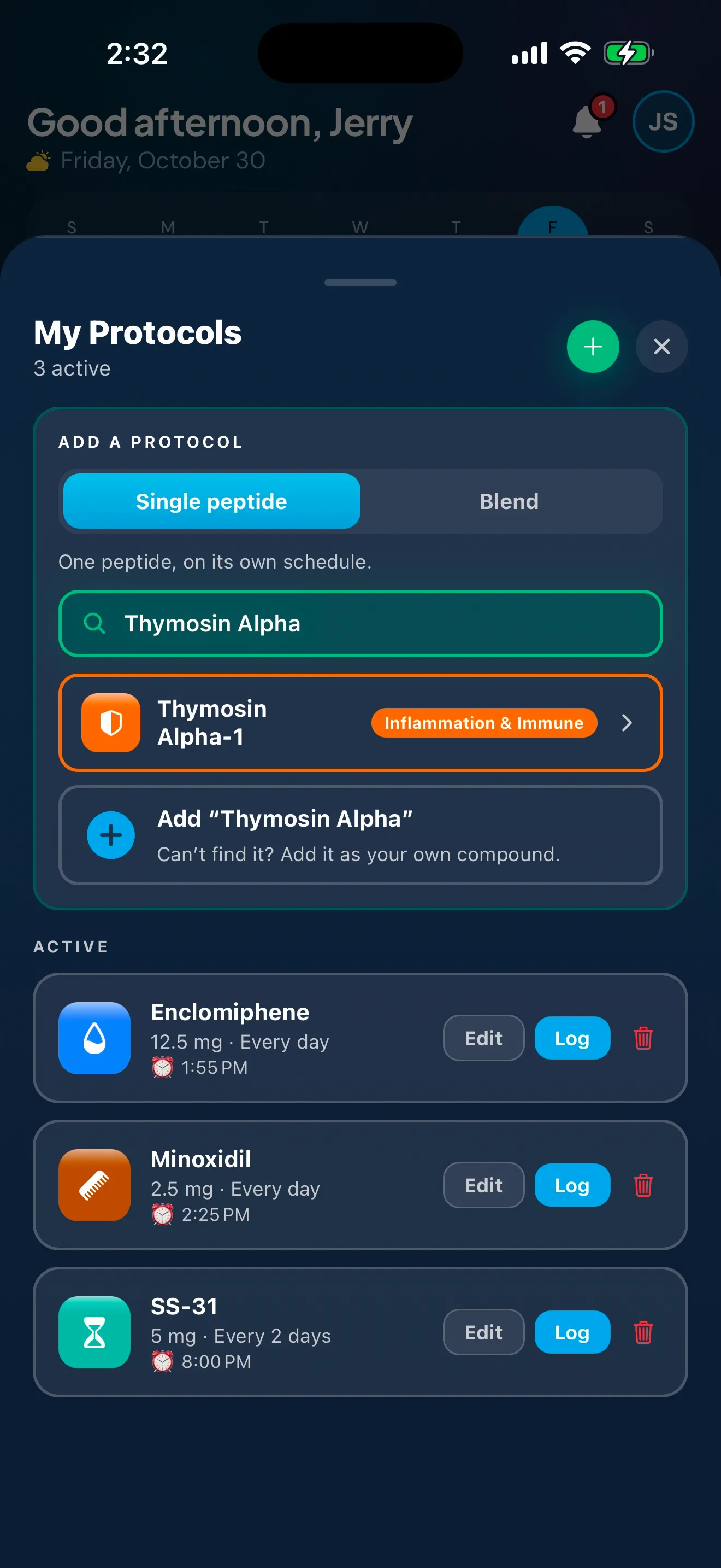 Adding a schedule in Peptimes: a search result for a compound in My Protocols, then the Set Protocol Schedule sheet with the amount, route, how often, which days, the time and the start date, then the schedule saved and listed in My Protocols.