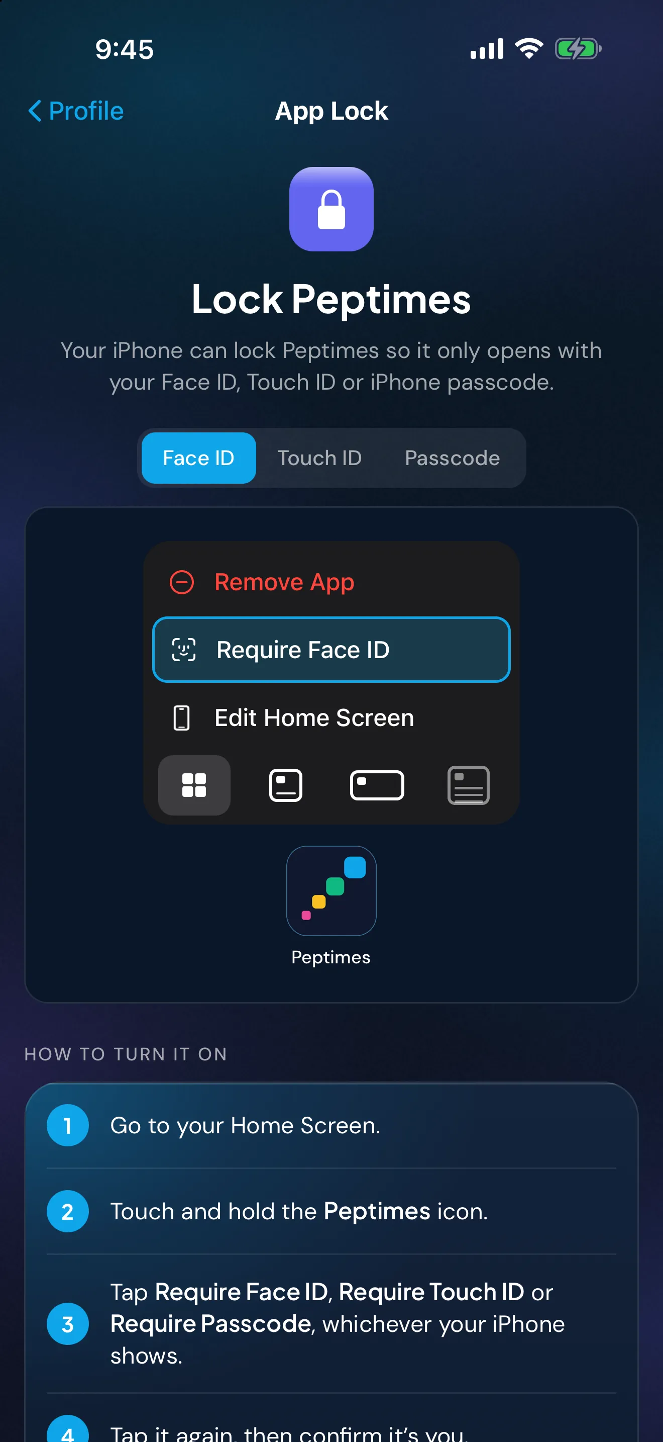 Peptimes App Lock page: Lock Peptimes, explaining that your iPhone can lock Peptimes so it only opens with your Face ID, Touch ID or iPhone passcode, a picture of the iOS menu with Require Face ID, and numbered steps to turn it on.
