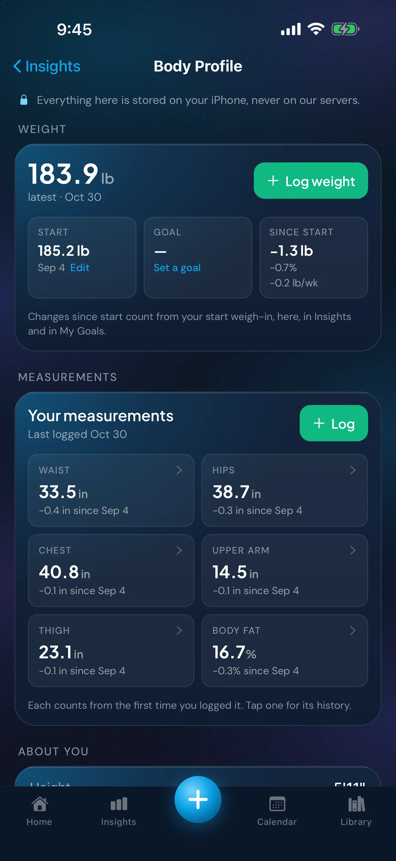 Peptimes Body Profile: the latest weight with a button to log a new one, the start weight and date, the change since the start, then the person's measurements, such as waist, hips, chest, upper arm, thigh and body fat, each with its change.