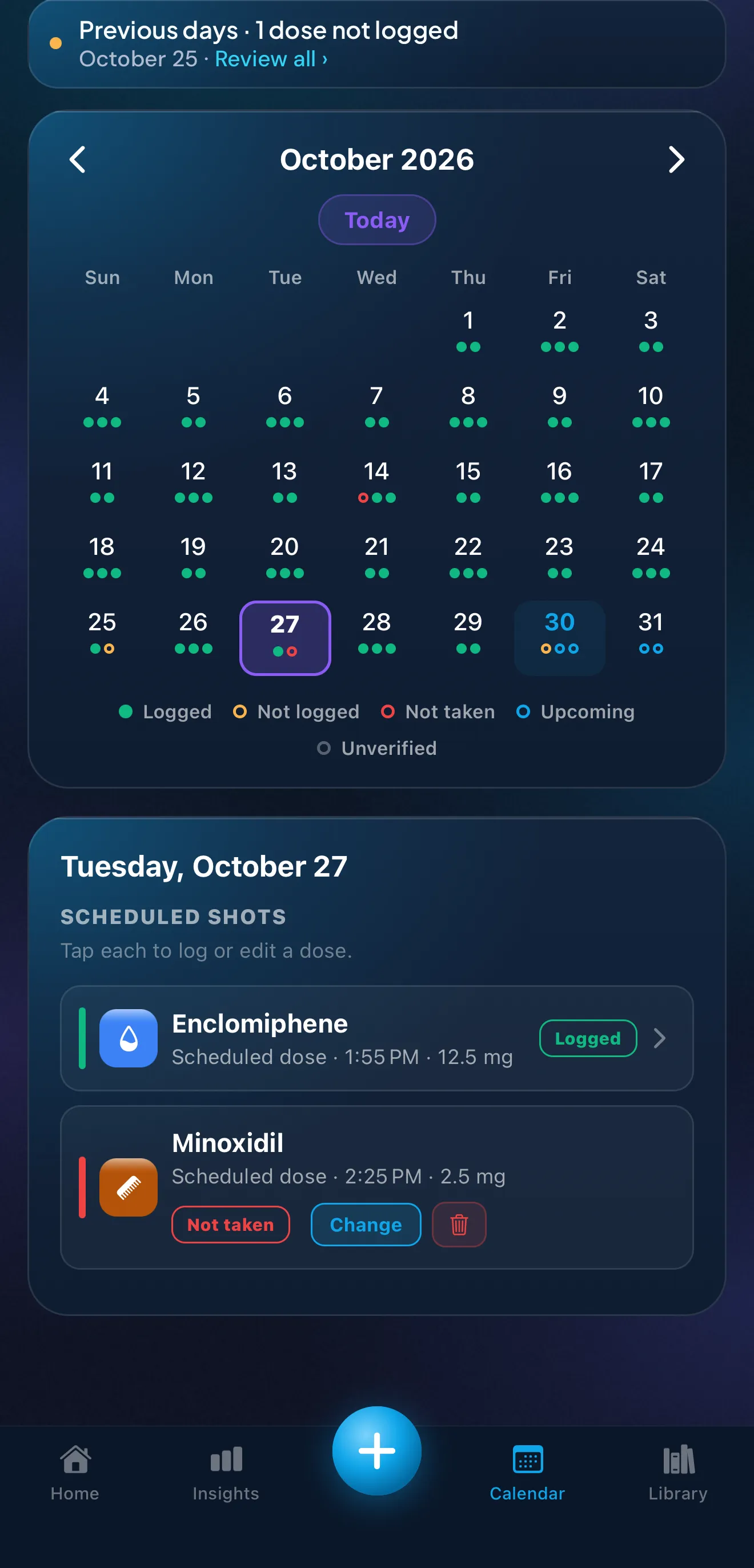Peptimes Calendar with Tuesday the 27th chosen: its list shows one dose logged and the other marked Not taken, in red, with a button to change it.