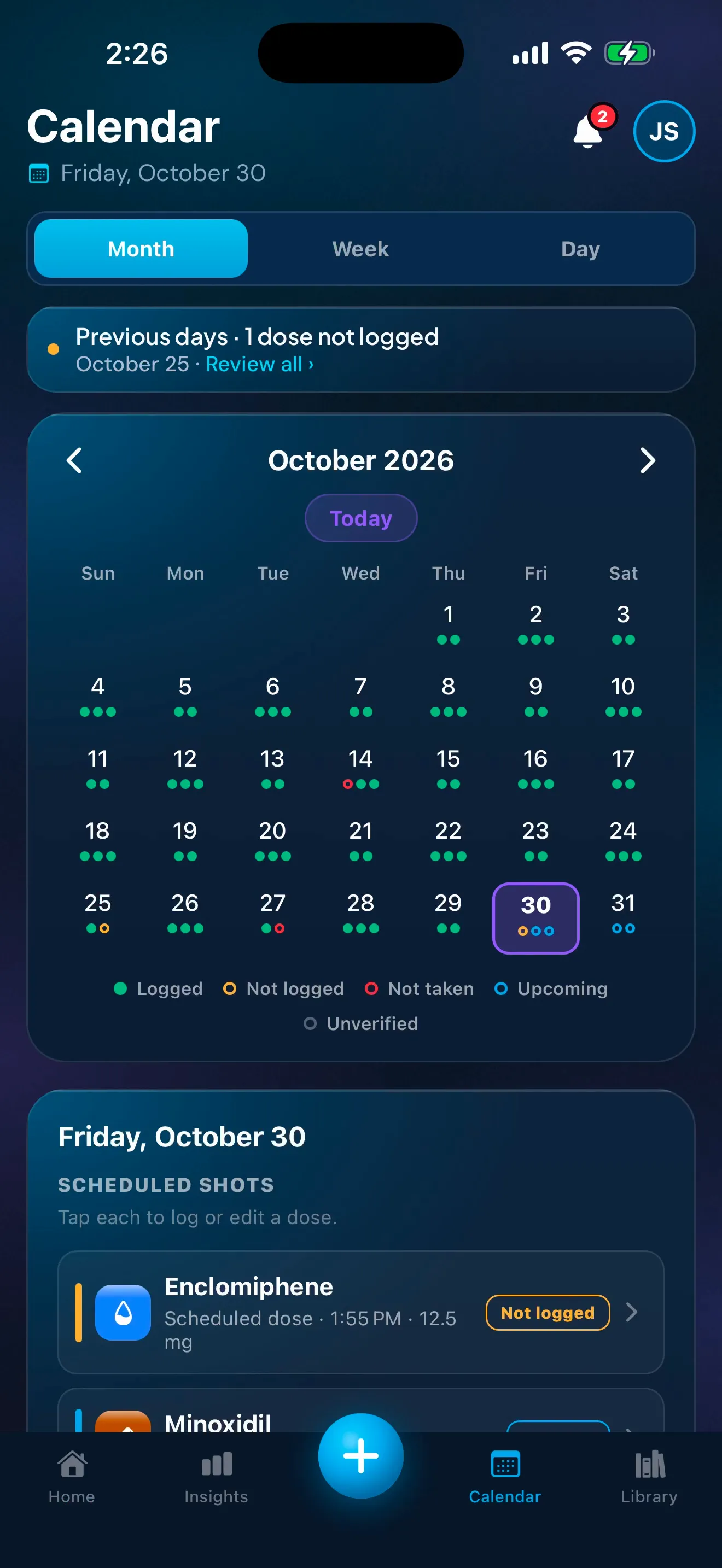 The Peptimes Calendar in month view, with a ring on each day's doses and a key for logged, not logged, not taken, upcoming and unverified. In the recording, Tuesday the 27th is chosen and its list shows one dose logged and one marked not taken, in red.