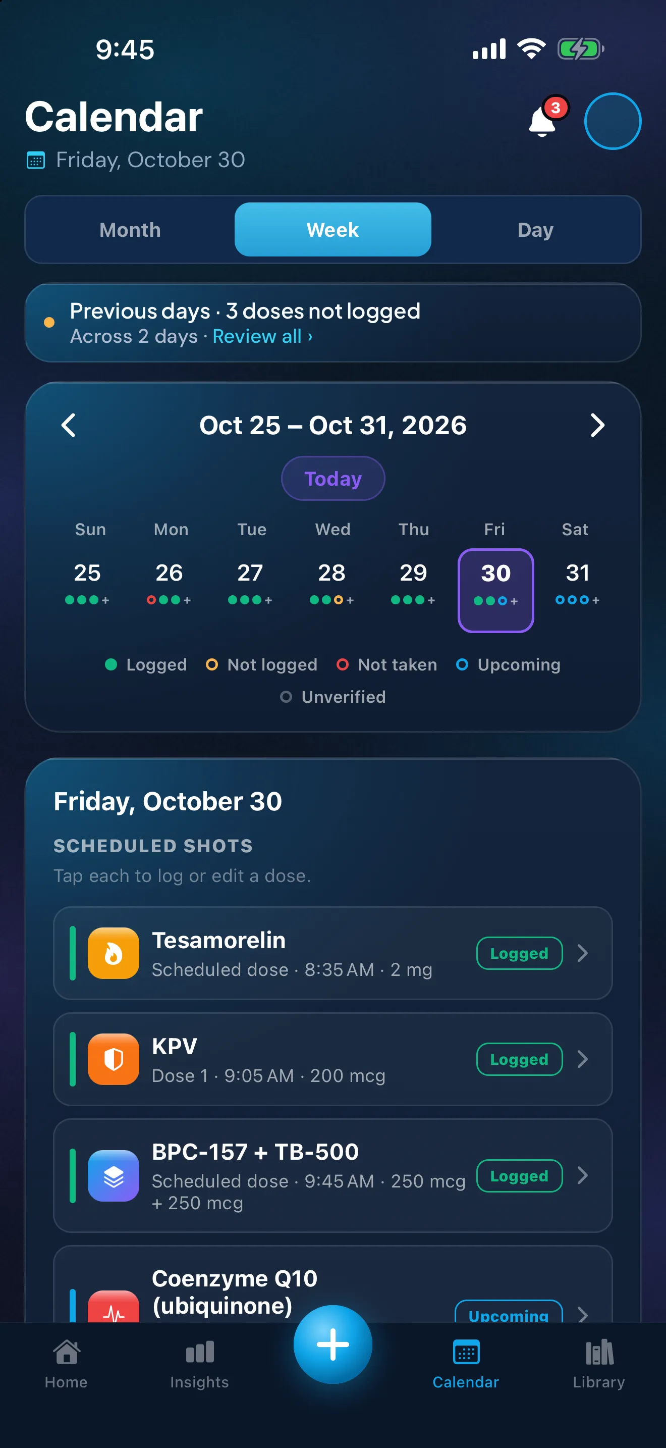 Peptimes Calendar in week view: the seven days of this week with a ring on each day's doses, a key for logged, not logged, not taken, upcoming and unverified, and today's scheduled doses listed below, each marked logged or not yet.