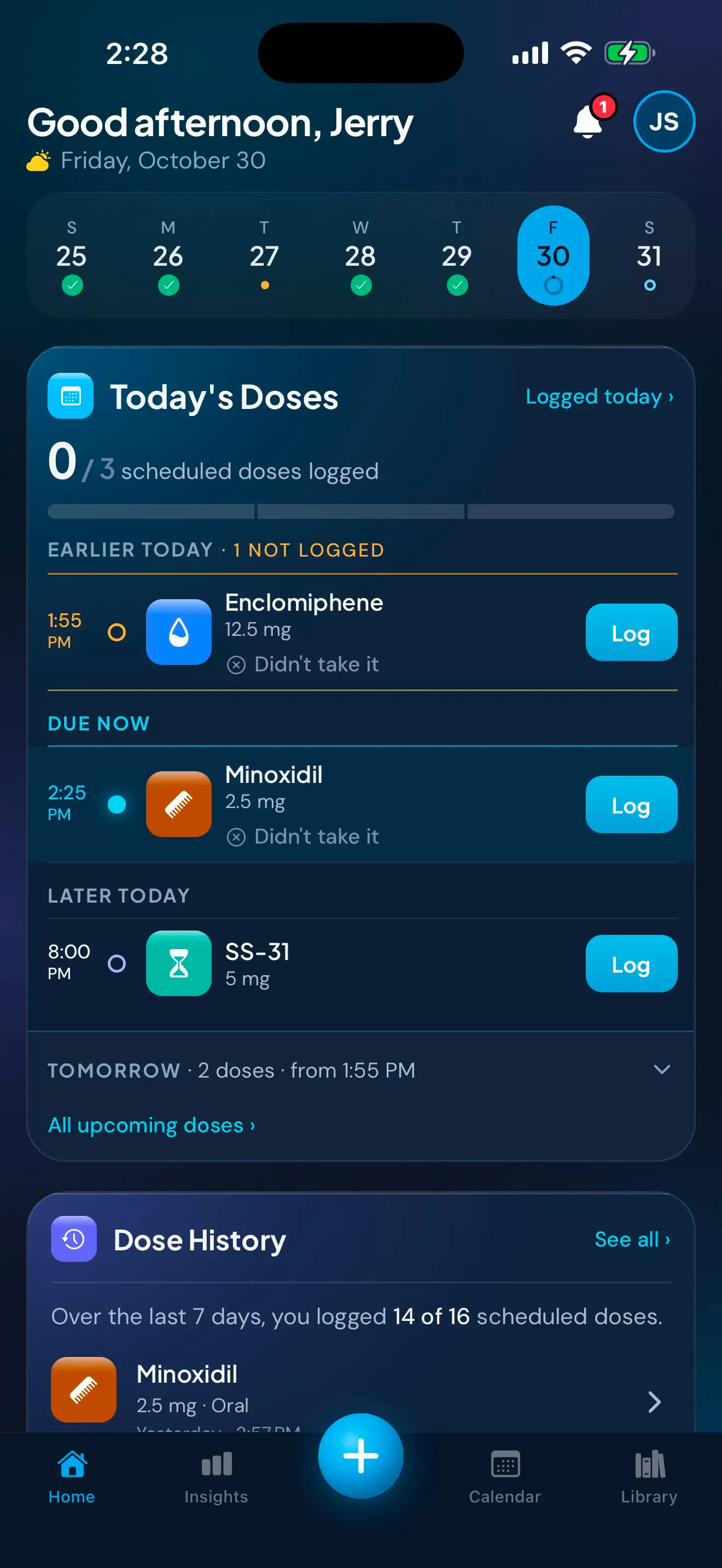 The Peptimes Home screen. In the recording, the + button opens a menu, Daily Check-in is chosen, energy, mood and sleep are rated and one side effect is added with its intensity, then the optional snapshot page, and the check-in is saved.