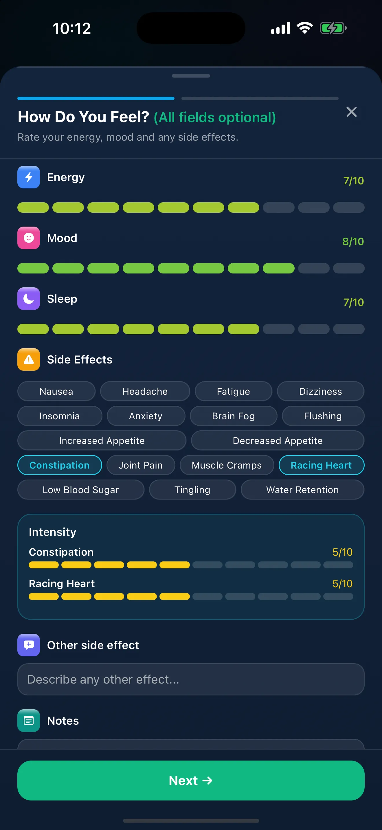 The first step of the Peptimes Daily Check-in, "How Do You Feel?": energy, mood and sleep each rated out of 10, and side effects picked from a list, two of them chosen here with an intensity for each.