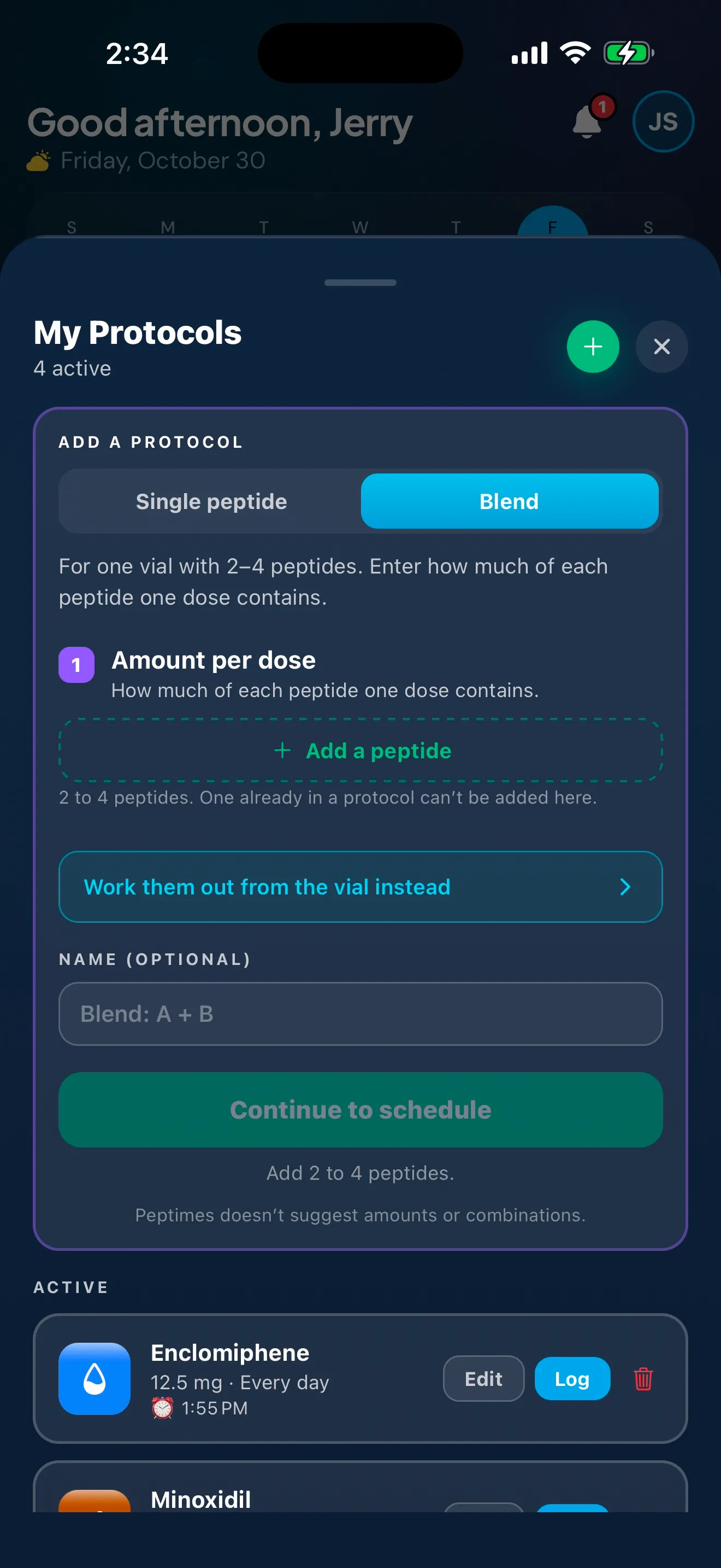 Creating a blend in Peptimes My Protocols: Amount per dose, with a compound search. In the recording, two compounds are chosen and their amounts typed, then the blend gets its schedule and is saved.