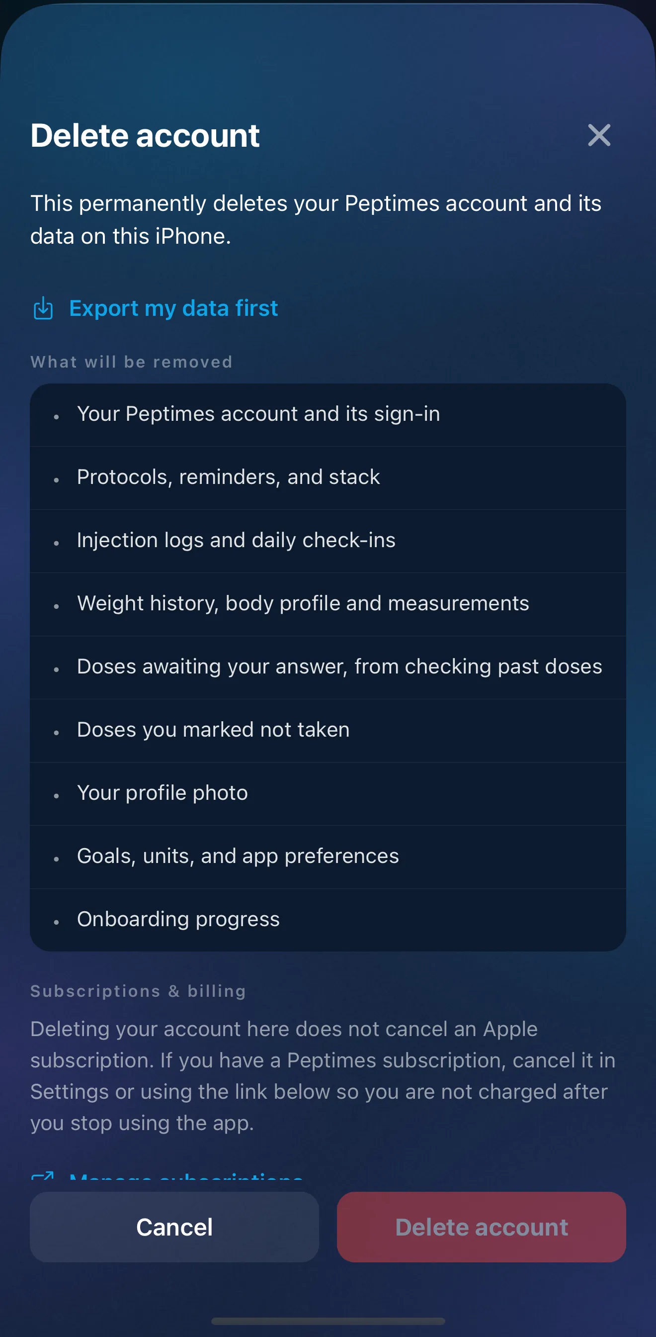 Peptimes Delete account sheet: it permanently deletes your Peptimes account and its data on this iPhone, a link to export your data first, the list of what will be removed, and a note that deleting doesn't cancel an App Store subscription, with Cancel and Delete account buttons.