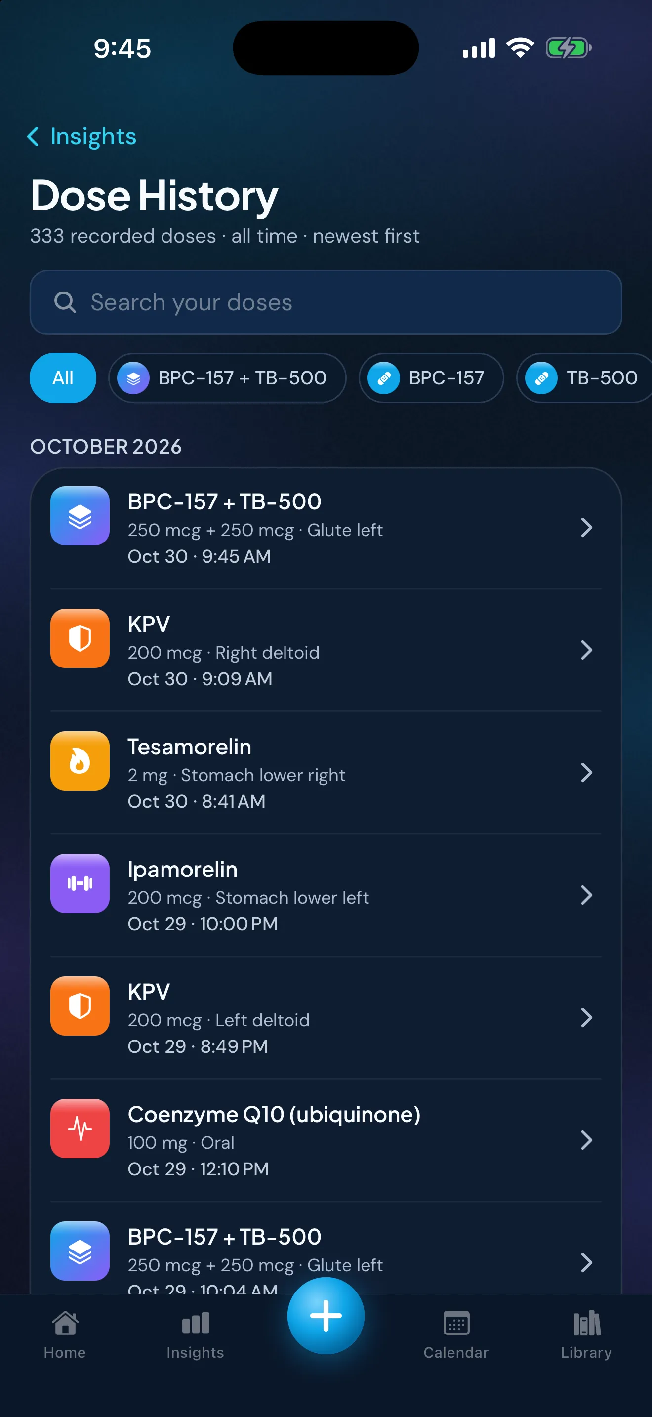 The Peptimes Dose History screen with All selected: the number of recorded doses, a search field, a chip for each compound, and every recorded dose newest first under a month heading, each with its amount, route or site and time.