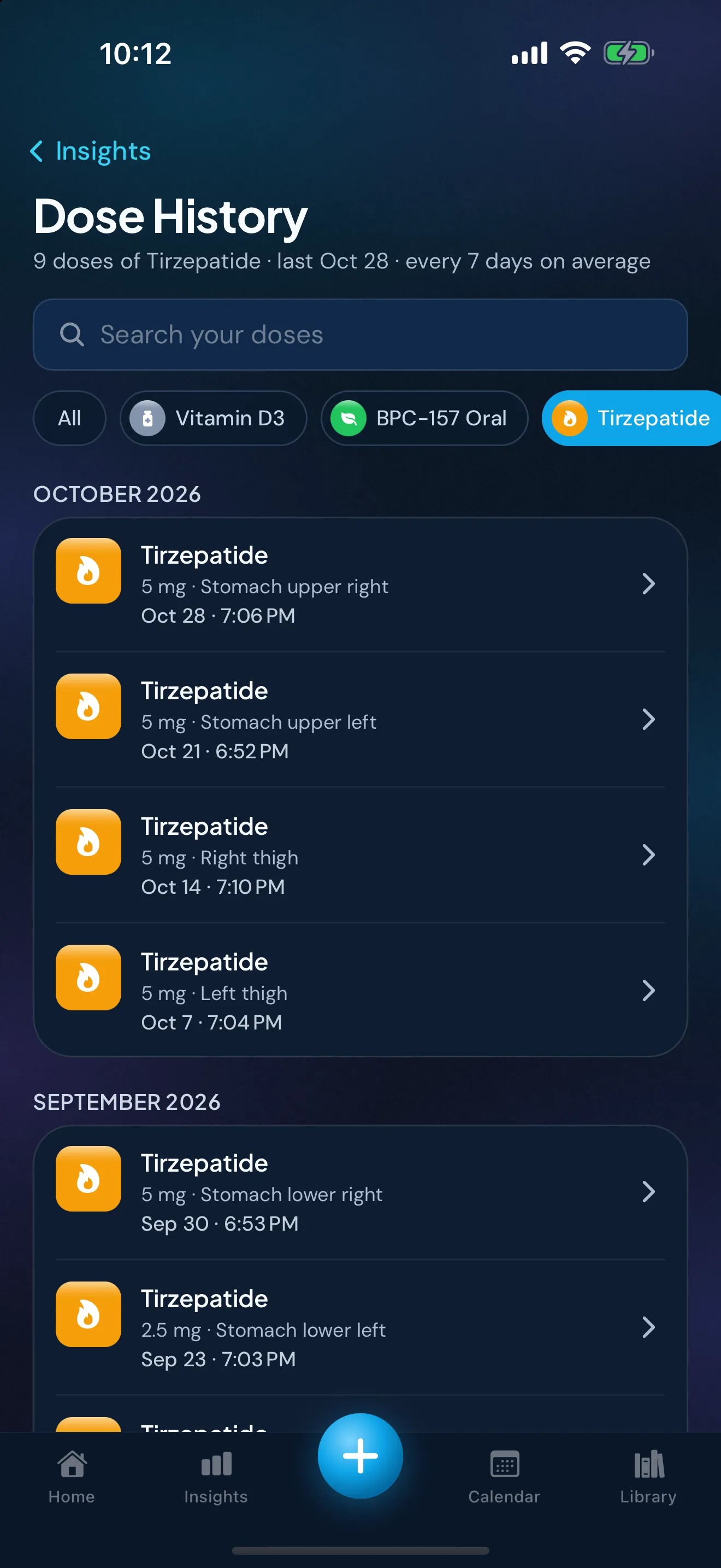 Peptimes Dose History filtered to tirzepatide: a summary line with the number of doses and the date of the last one, then each logged dose with its amount, injection site and time, newest first.