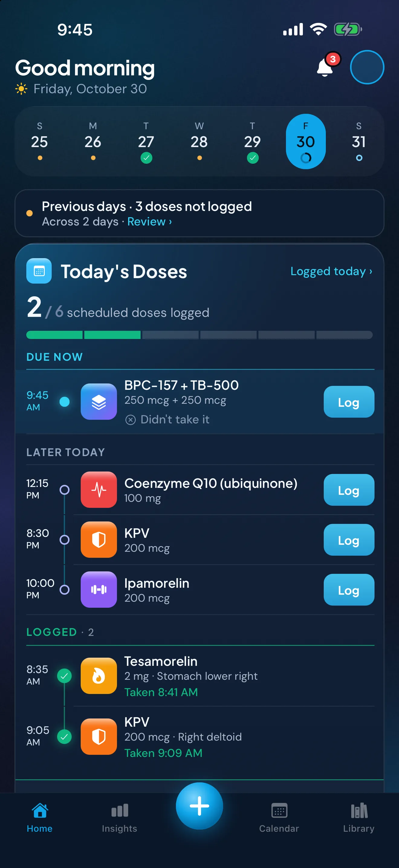 The Peptimes Home screen, Today's Doses: 2 of 6 scheduled doses logged, a blend of two compounds due now with a Log button, three more later today, and the two already logged, each with its time and injection site or route.
