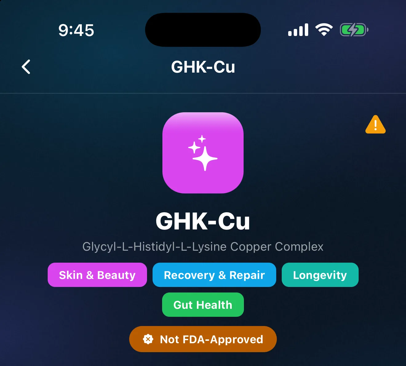 The top of a Peptimes Library page for GHK-Cu: its other names, three category chips and its status label, Not FDA-Approved.