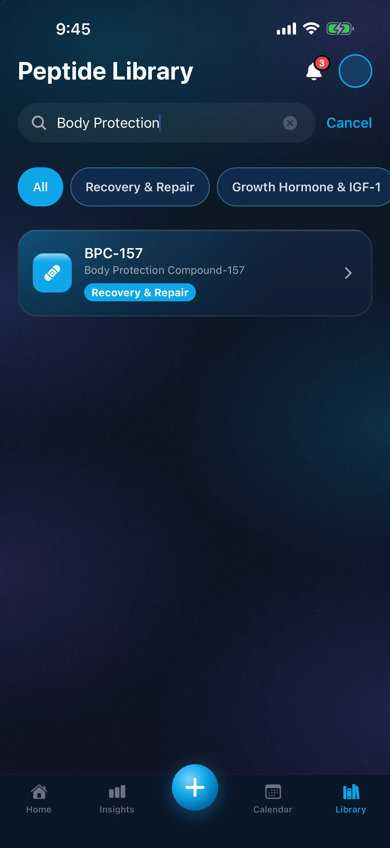 The Peptimes Library with "Body Protection" typed in the search field, a row of category chips, and one result, BPC-157, found by its other name, Body Protection Compound-157.