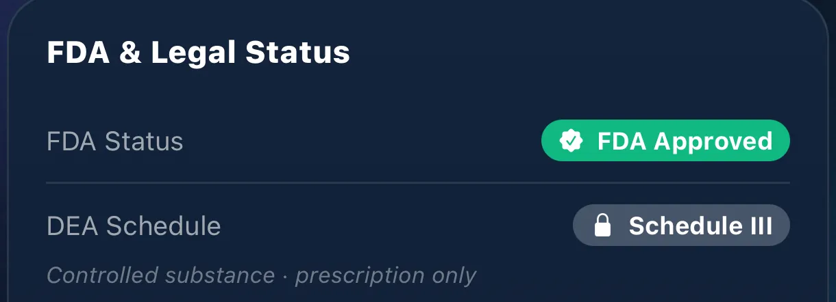 Library card for testosterone cypionate showing its DEA Schedule row, "Schedule III · Controlled substance · prescription only".