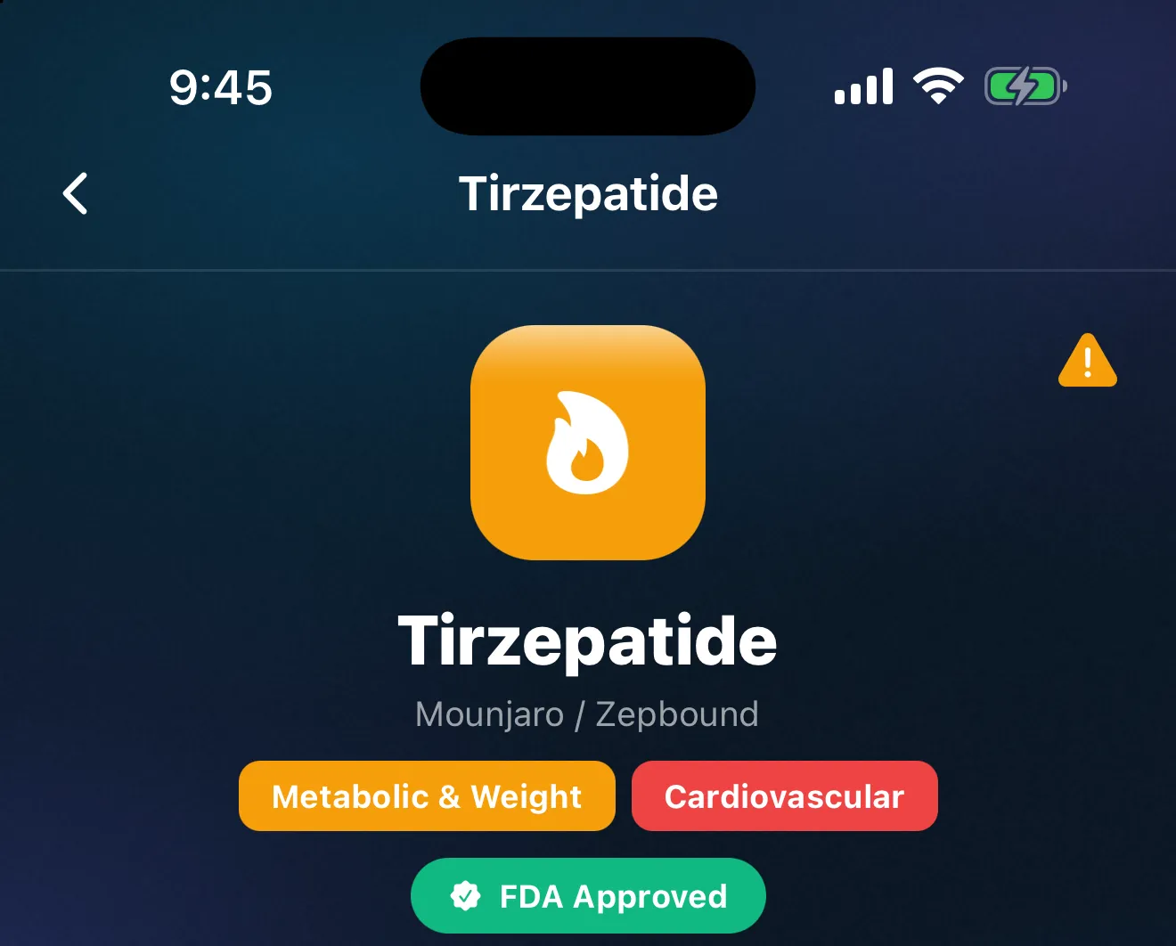 The top of the Peptimes Library page for tirzepatide: its name with the brand names Mounjaro and Zepbound listed under it, two category tags, and its status label, FDA Approved.