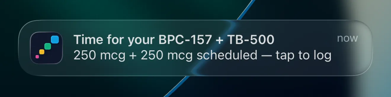 A Peptimes reminder on an iPhone lock screen with Discreet reminders off: its title names the blend it's for, and its text shows the scheduled amounts and says to tap to log.