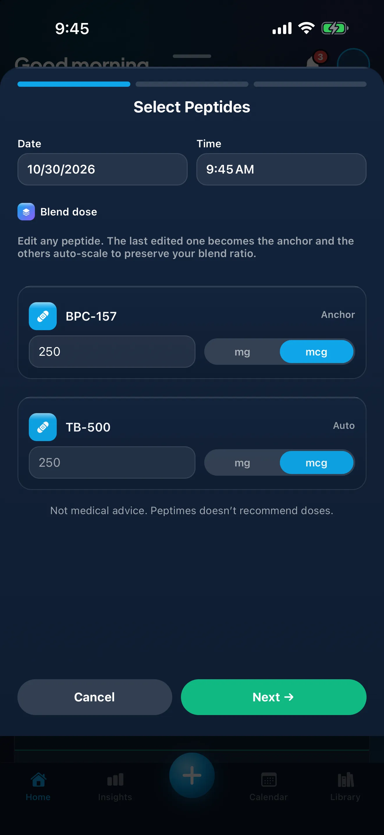 The first step of Log a Dose in Peptimes: the date and time, a blend of two compounds with the amount and unit the person entered for each, and the app's note that it doesn't recommend doses.