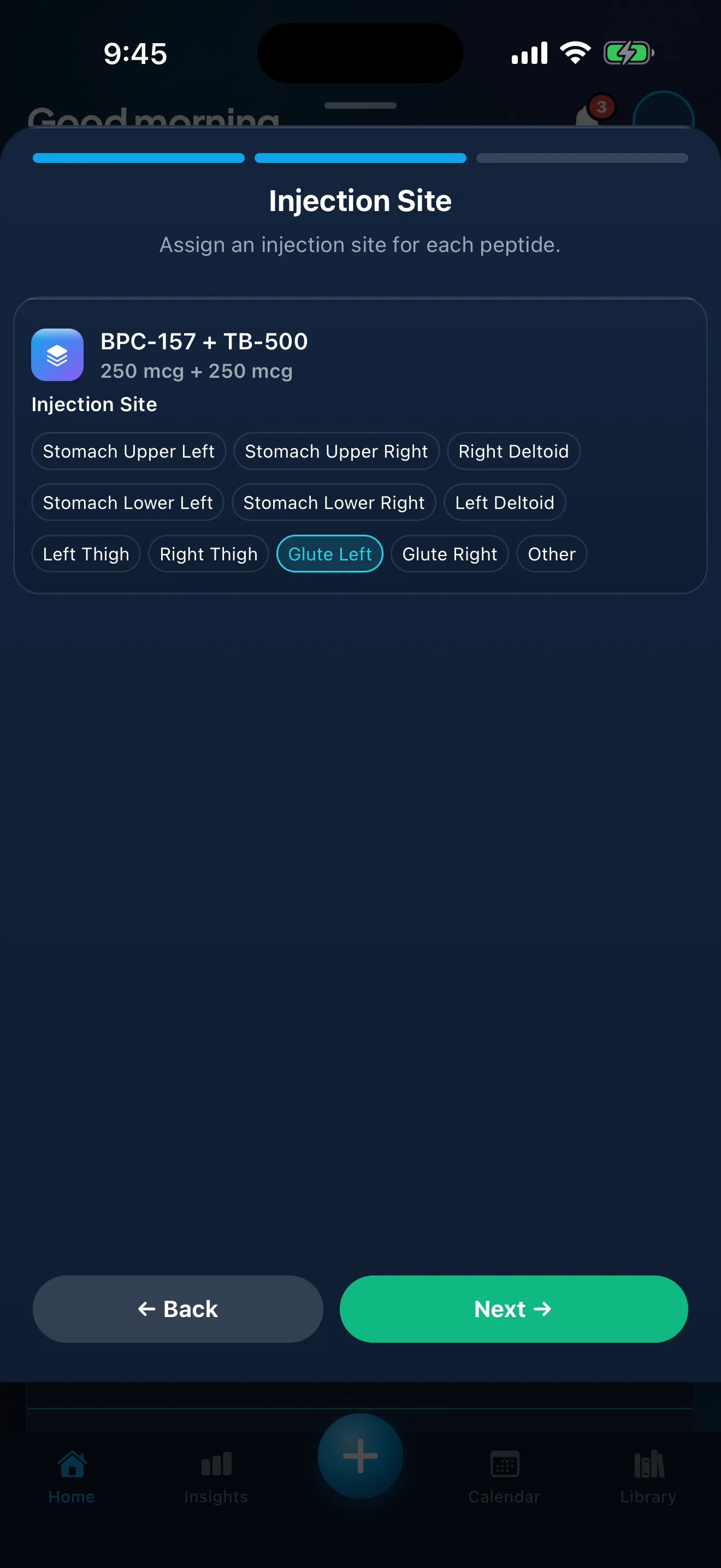 The injection-site step of Log a Dose in Peptimes: sites on the stomach, deltoids, thighs and glutes, plus Other, with the one the person chose highlighted.