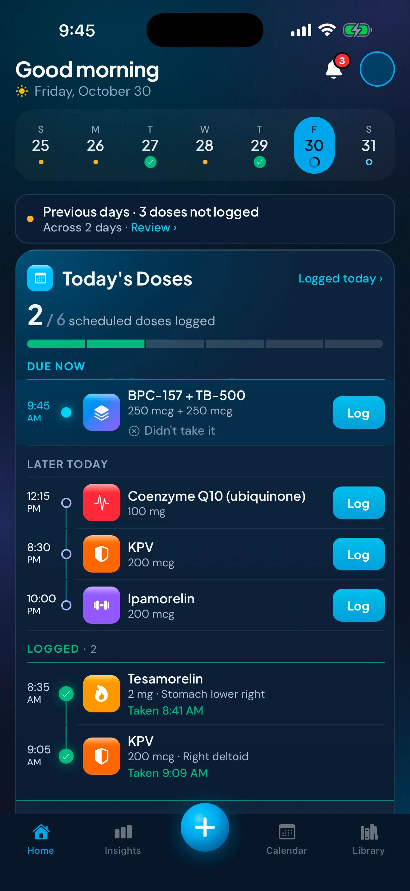 The Peptimes Home screen, Today's Doses, 2 of 6 logged. In the recording, the blend due now is logged: its amounts, an injection site, how the person feels, then a Dose logged screen, and Home again with 3 of 6 logged.