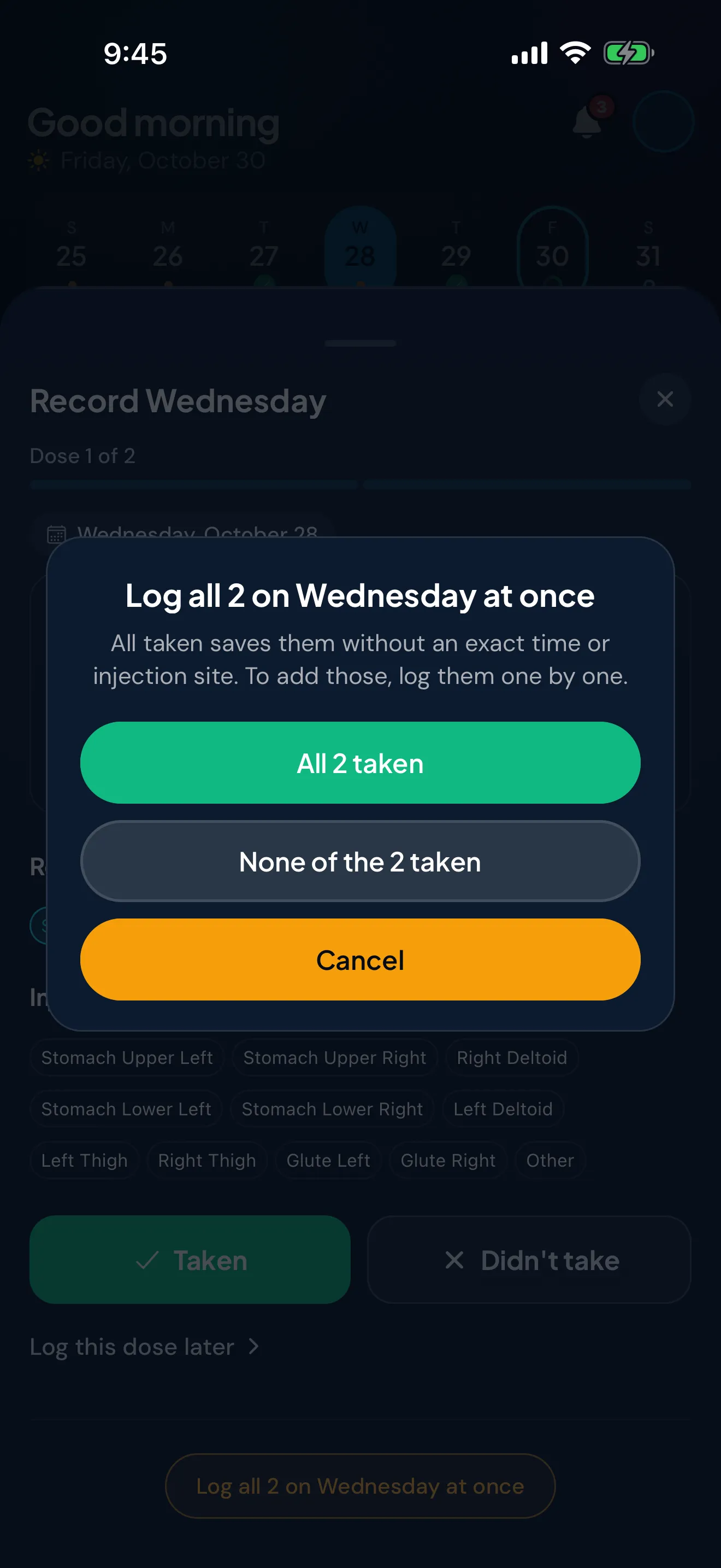 The Log all dialog in Peptimes for a past Wednesday with two doses, with buttons for All 2 taken, None of the 2 taken, and Cancel.