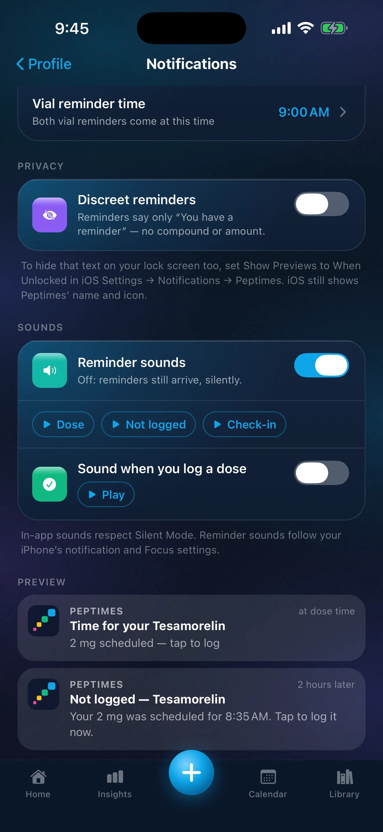 Peptimes Notifications settings scrolled down: the Discreet reminders switch, off here, the reminder sounds, and a preview of a dose reminder and its follow-up, which name the compound while Discreet is off.