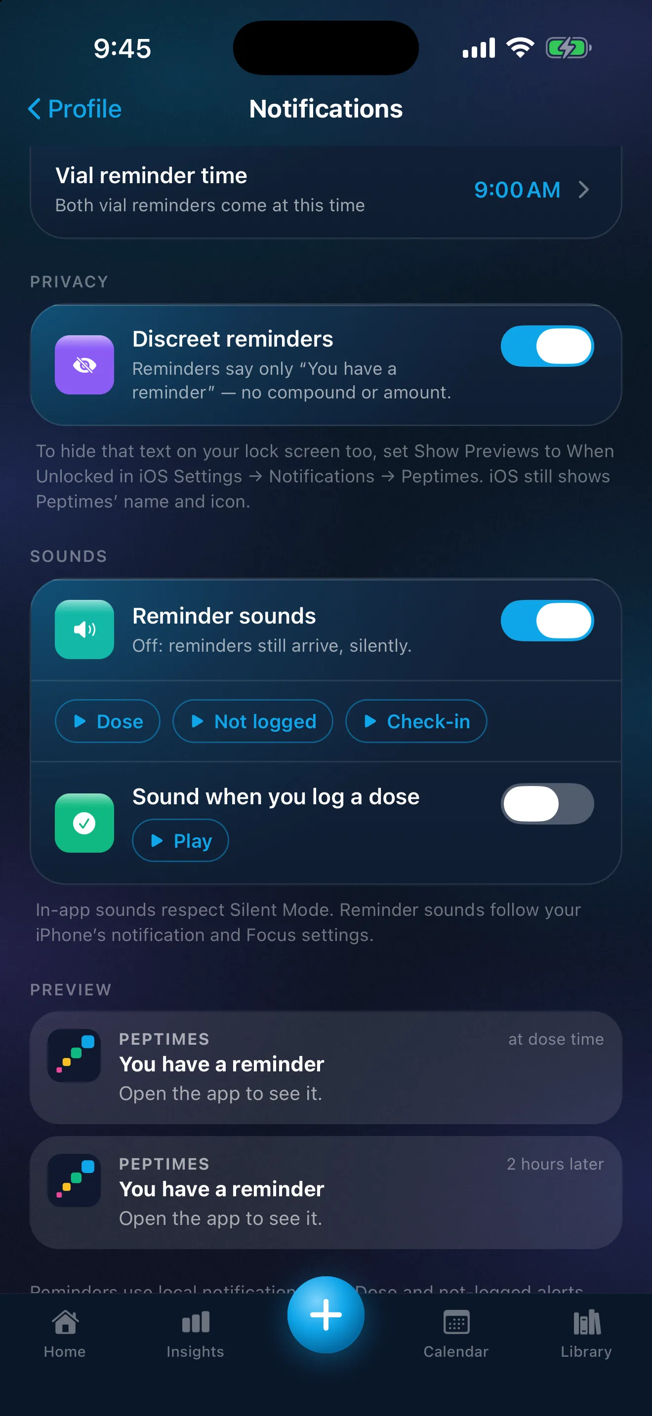 Peptimes Notifications settings: the vial reminder time, Discreet reminders switched on, which say only "You have a reminder", the iPhone setting that hides previews on the lock screen, reminder sounds, and previews of a reminder and its follow-up that name nothing.