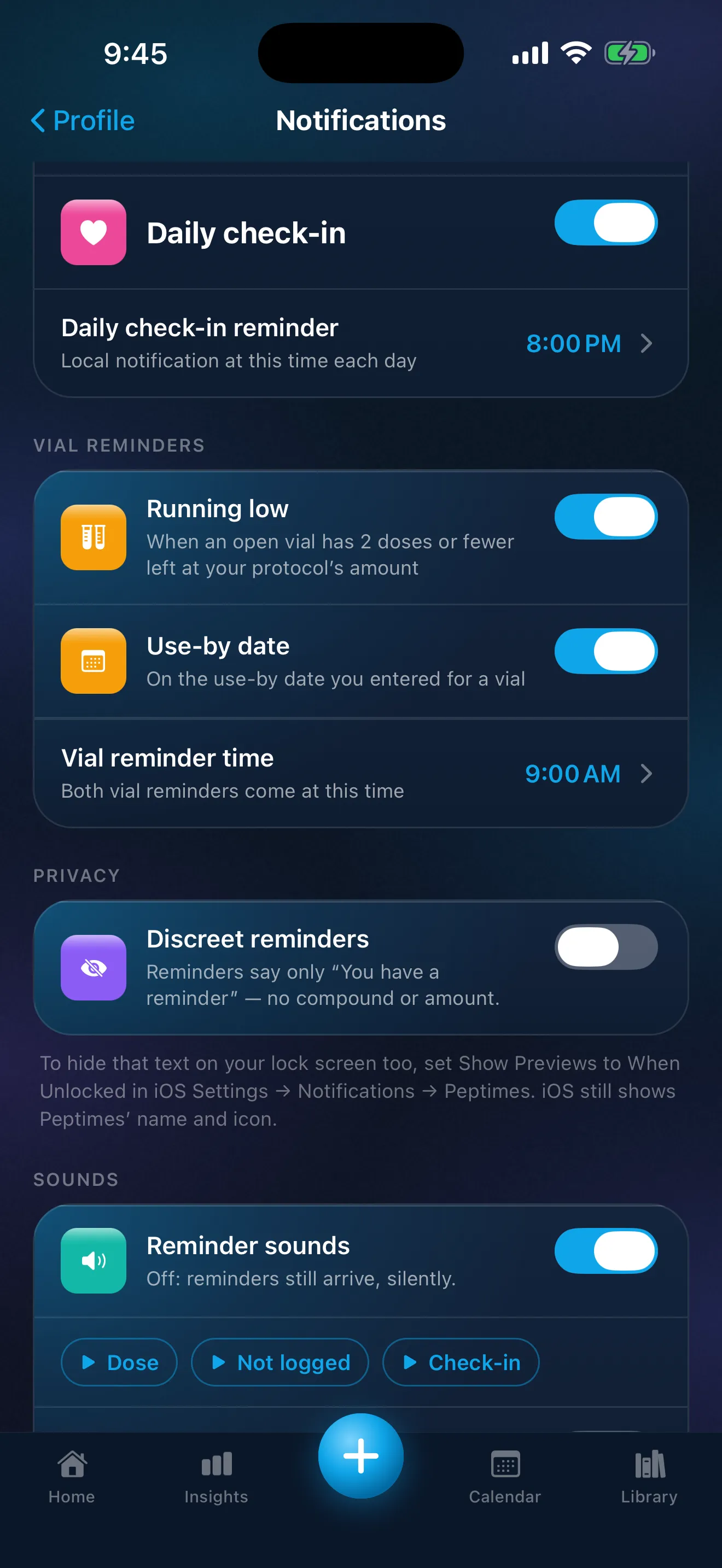 Peptimes Notifications settings: the daily check-in reminder, then vial reminders for running low and for the use-by date, both on, with one time for both at 9:00 AM, then the Discreet reminders switch.