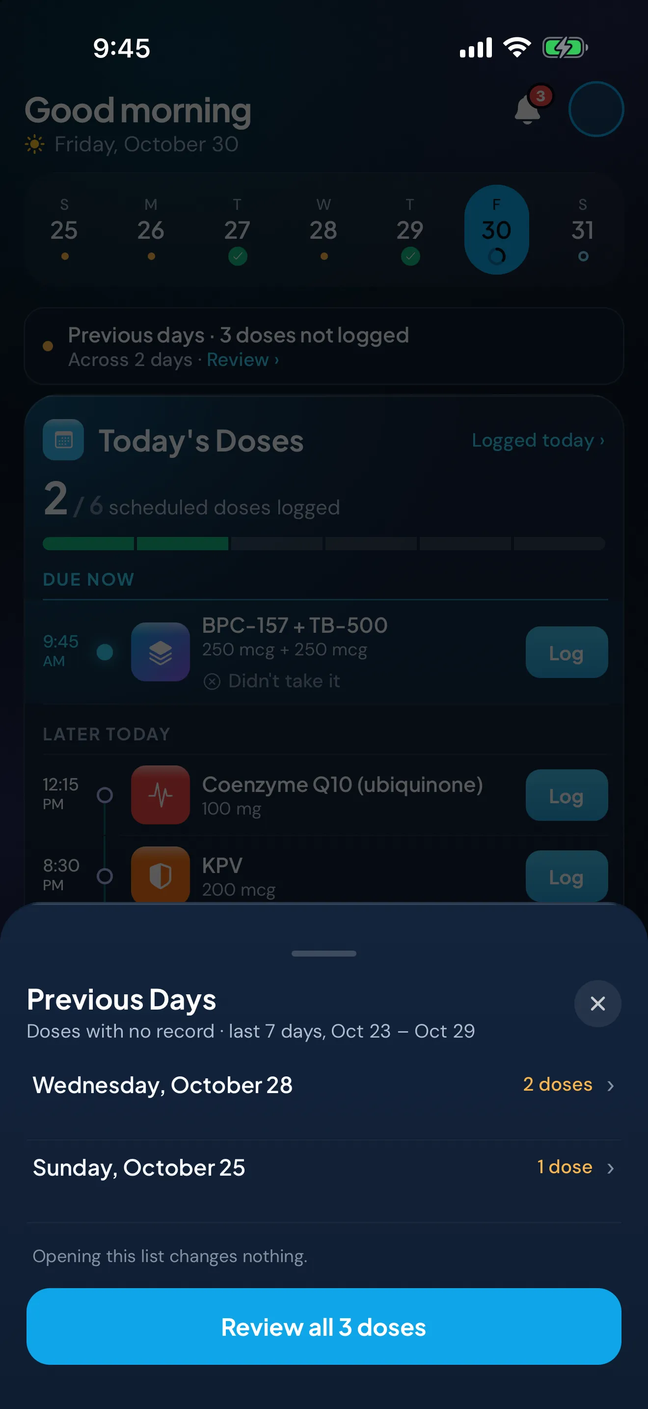 The Previous Days sheet in Peptimes: doses with no record in recent days, listed by day with the doses for each, and a button to review all 3.