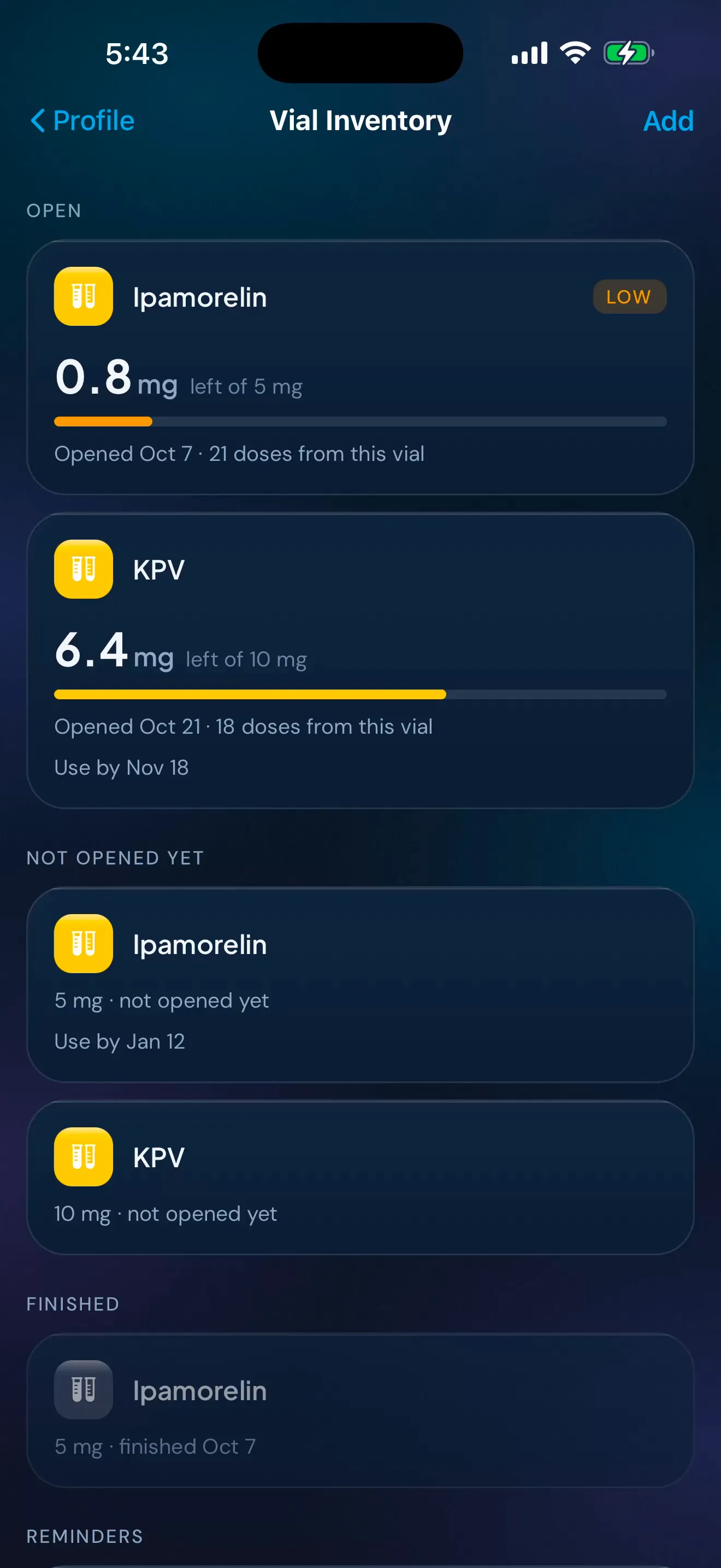 Peptimes Vial Inventory with open vials and what's left of each. In the recording, a dose is logged from Home, Log a Dose offers the open vial for that compound, the dose is saved with the time it was logged, and back in Vial Inventory that vial shows less left and one more dose.
