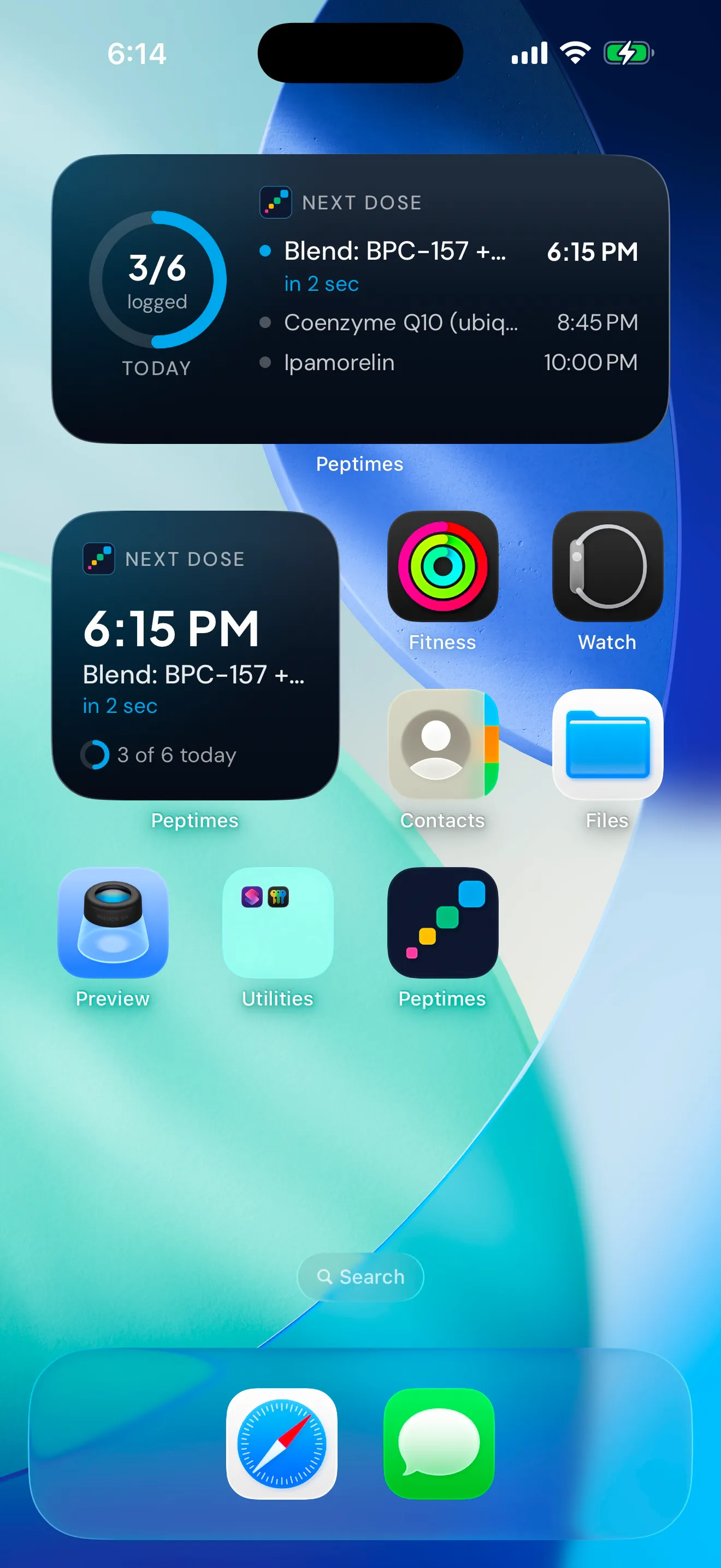 An iPhone Home Screen with the Peptimes widgets, medium and small, showing the next dose by name and time and 3 of 6 doses logged today. In the recording, a reminder arrives when that dose is due, the dose is logged in Peptimes, and back on the Home Screen the widgets show 4 of 6 and the next dose.